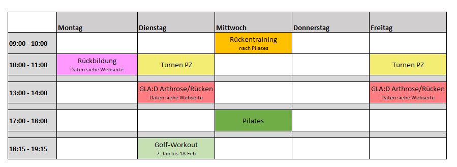 Kursplan Gruppenkurse Physio Plus