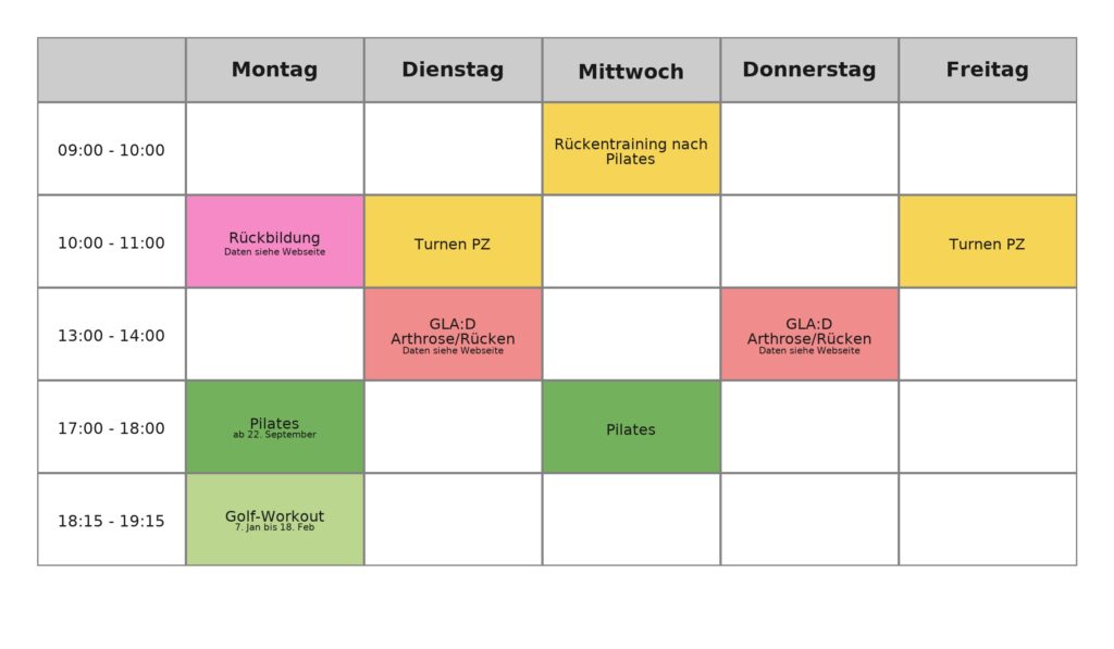Kursplan Gruppenkurse Physio Plus Dielsdorf